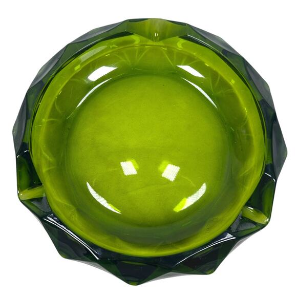 Vintage Viking Glass Cigar Ashtray MCM 8.5" Green Diamond Faceted Diamond Cut - Picture 6 of 8